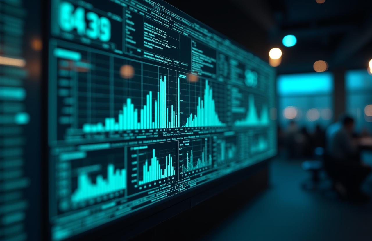 Advanced AI analytics dashboard with moving data points and holographic charts